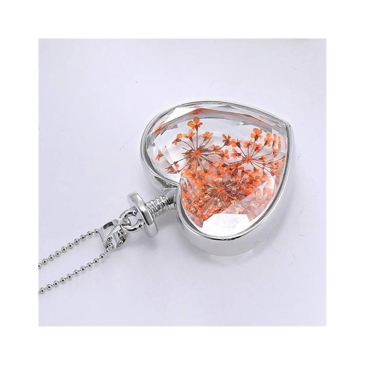 Charles William Love Heart REAL Flower Orange Saffron Pendant on Silver Necklace