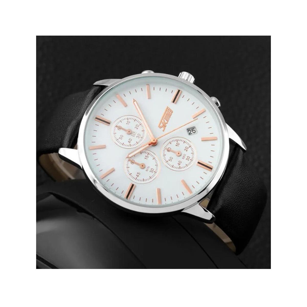 Mens Black Watch Silver and Rose Gold with Leather Strap and Date