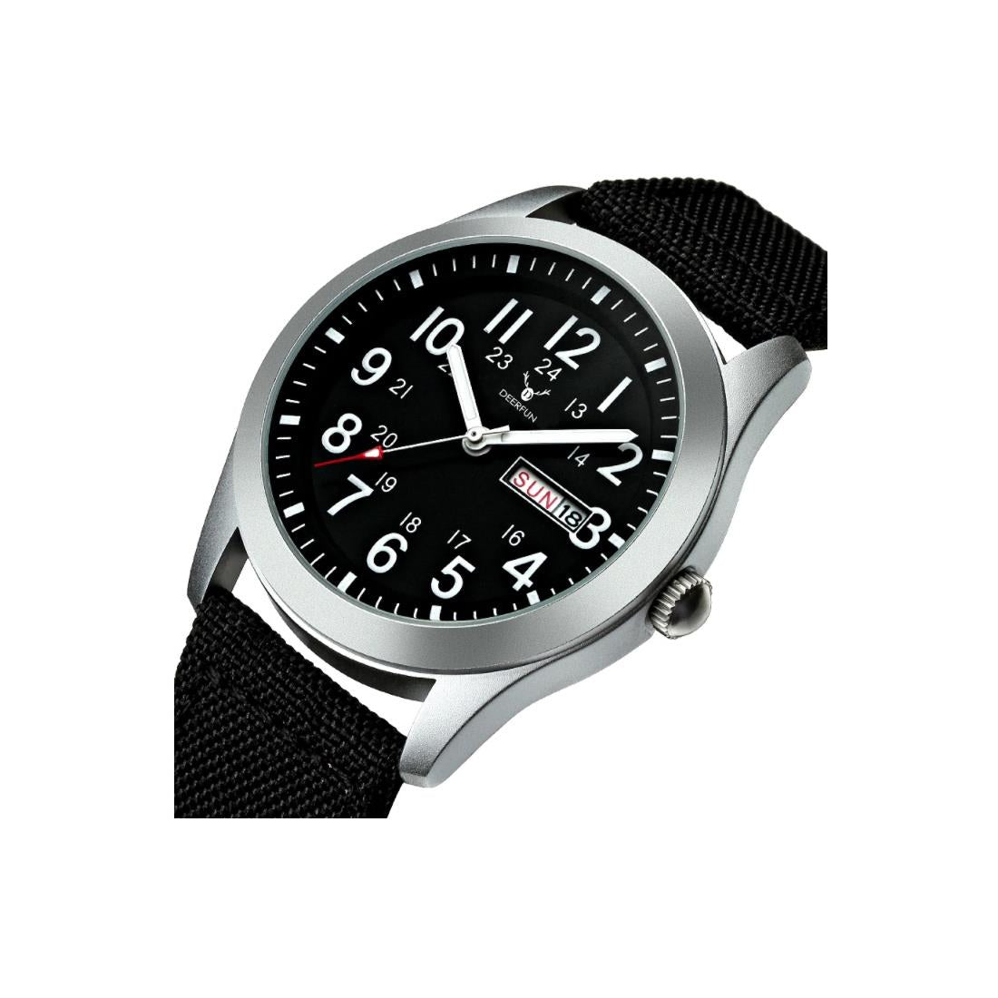 Deerfun Mens Watch Black Silver Comfortable Material Strap With Day And Date Display