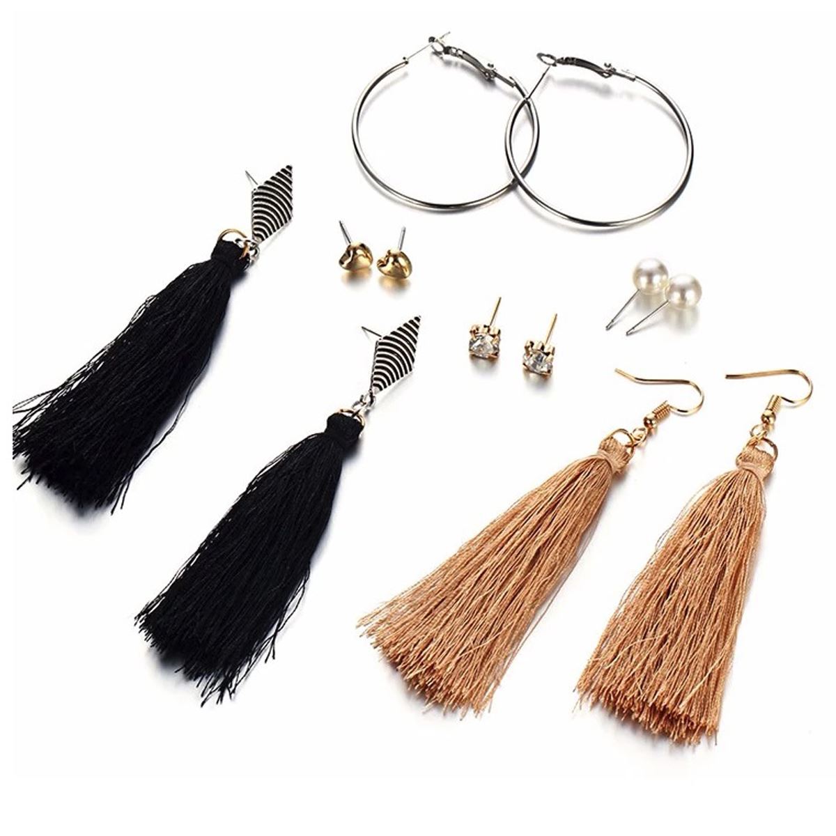 Charles William Beautiful Earring 6 Piece Set Gold Black Pearl Drop Ear ring Ladies Girls Woman Tassle