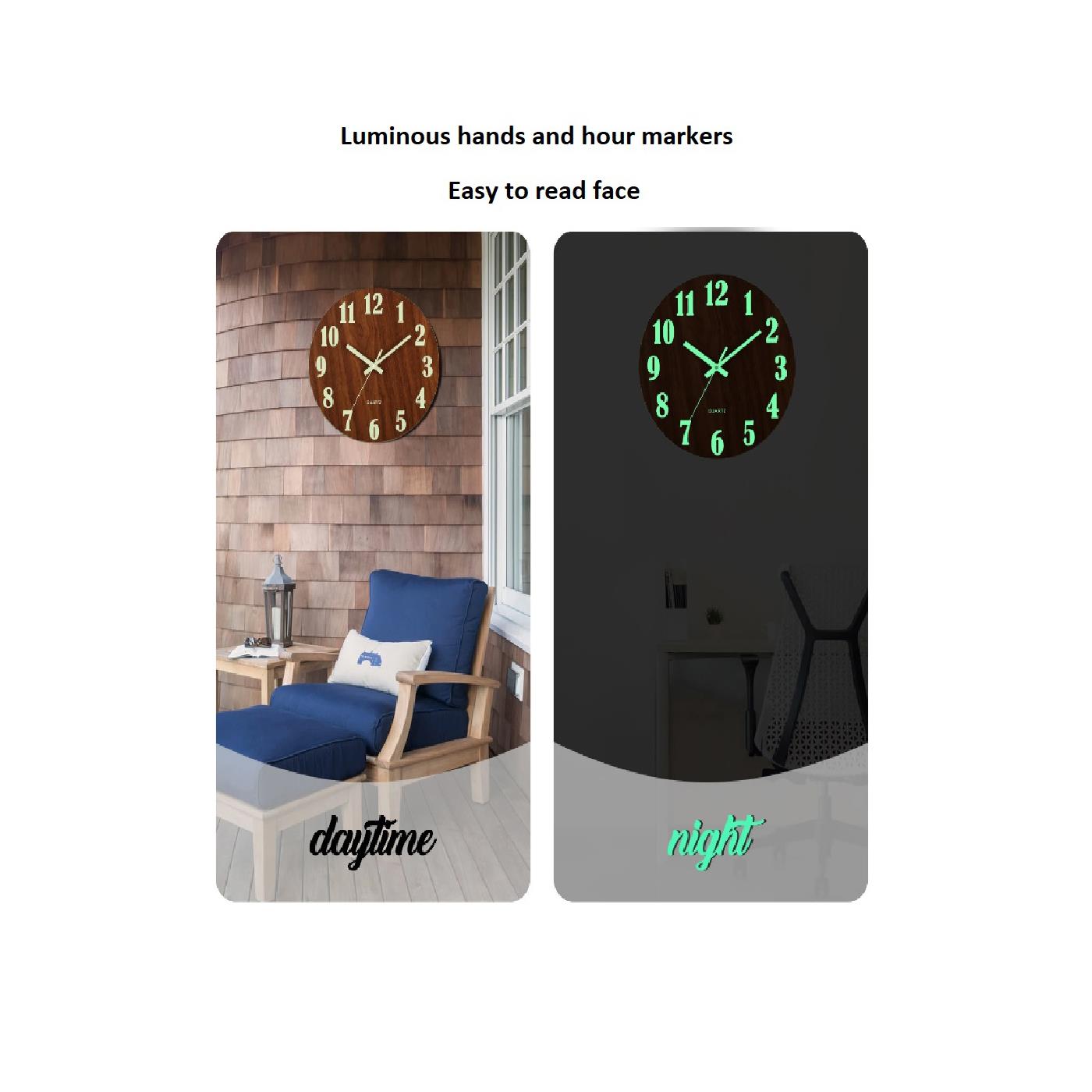 Brown Wood Clock Silent Movement Luminous Markers High Quality Movement