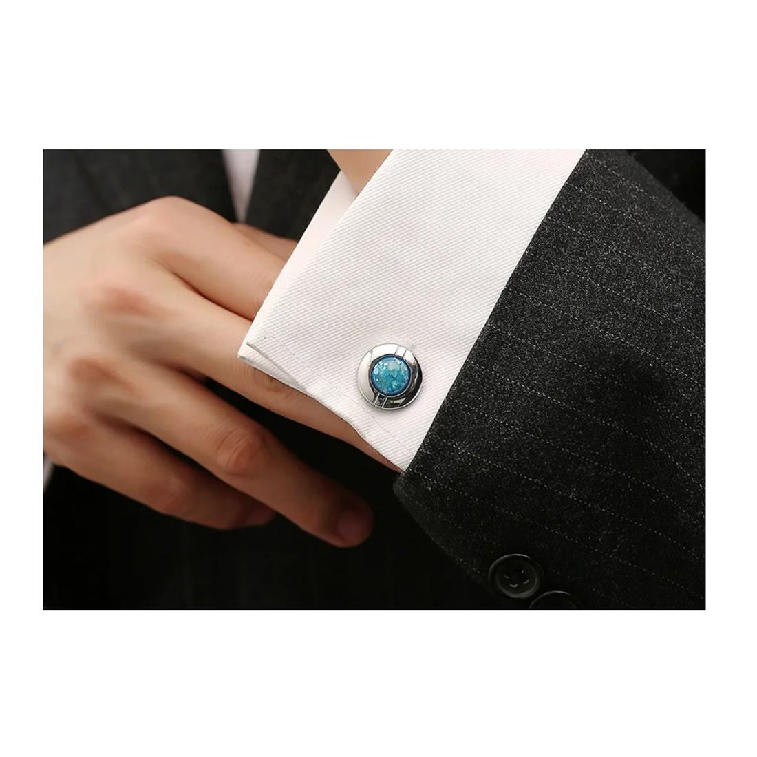 Round Silver Blue Cufflinks Ridged Bezel Elegant Shards Classy Design