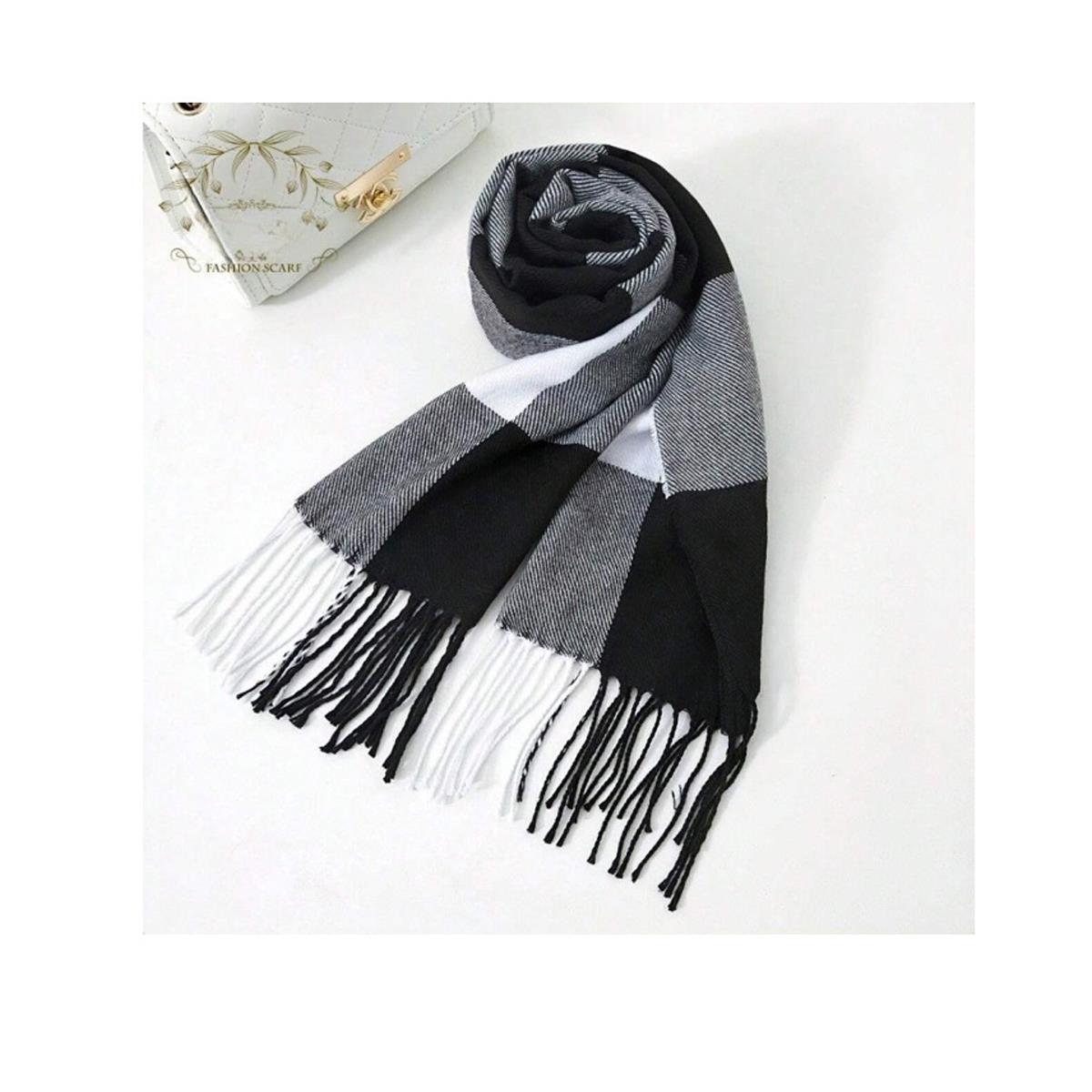 Premium Soft Scarf Black White Striped Criss Cross Warm Gentle and Luxurious