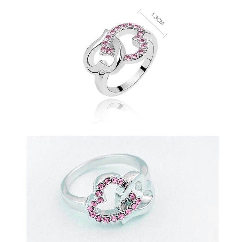 Charles William Silver Love Heart Ring with Pink Stones