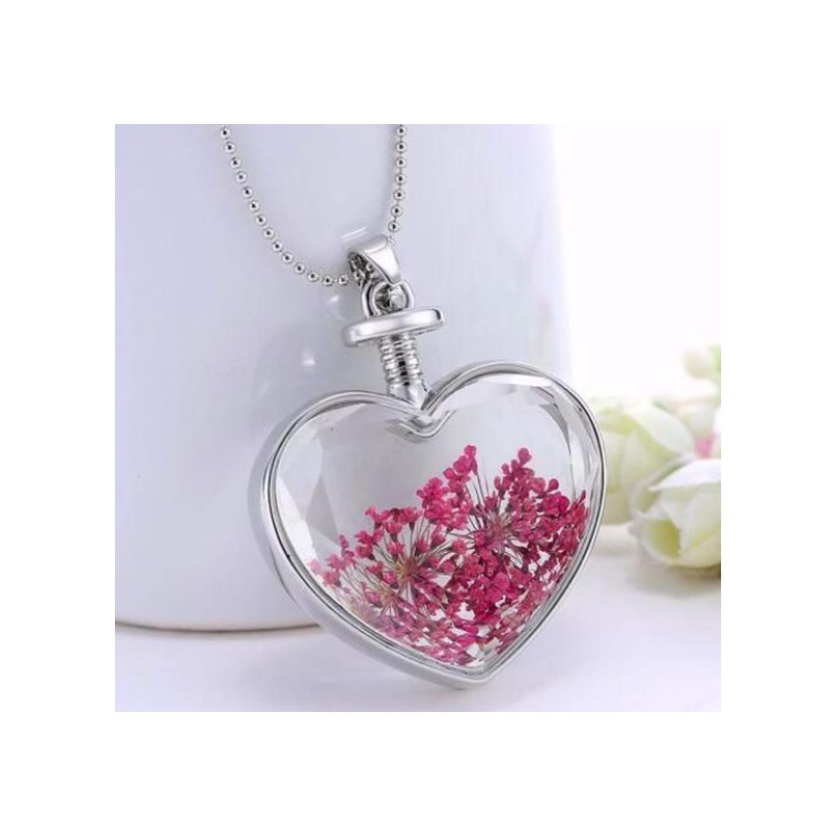 Charles William Love Heart REAL Flower Hot Pink Pendant on Silver Necklace