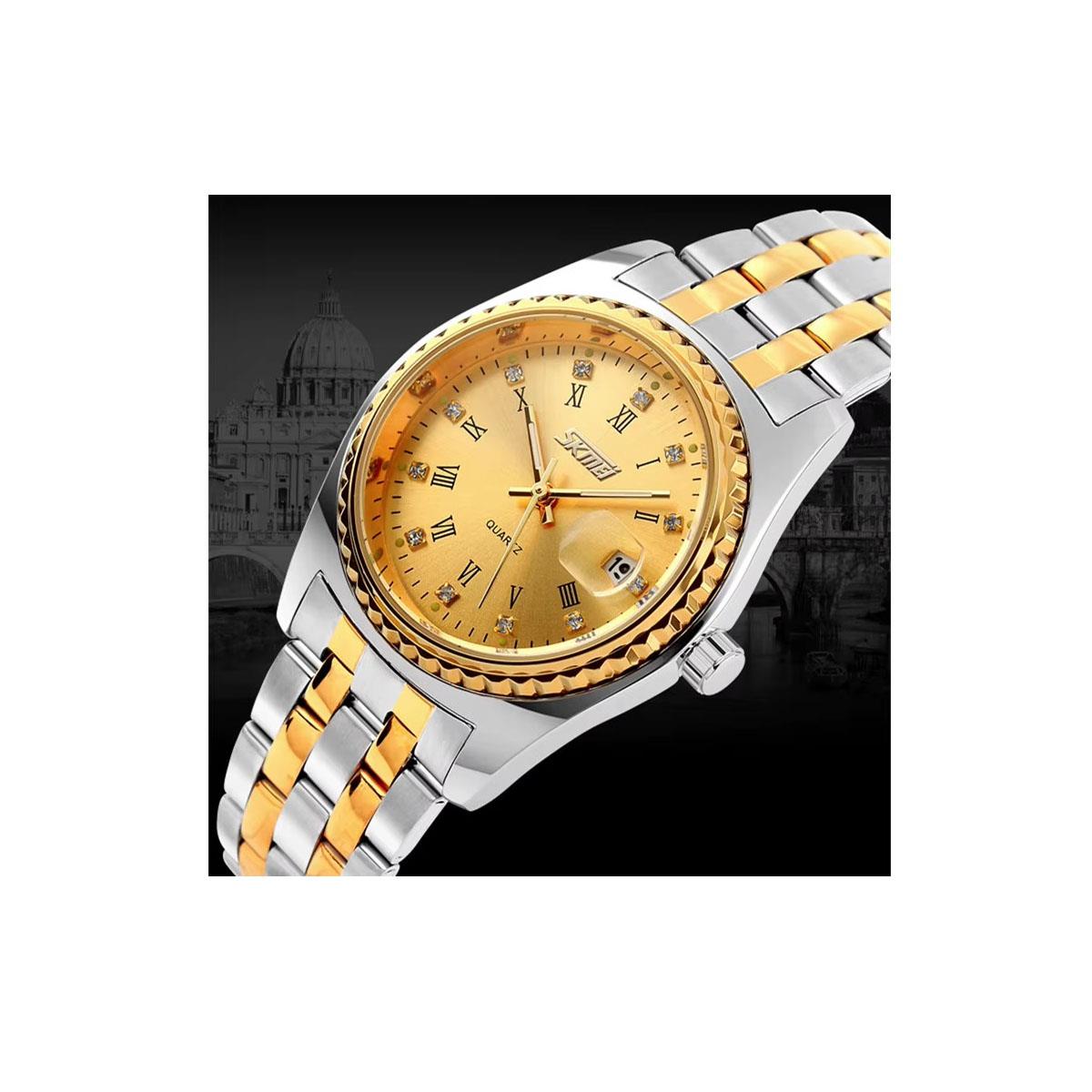 Mens Gold Watch with Date Dial, Skmei Brand Model 9098