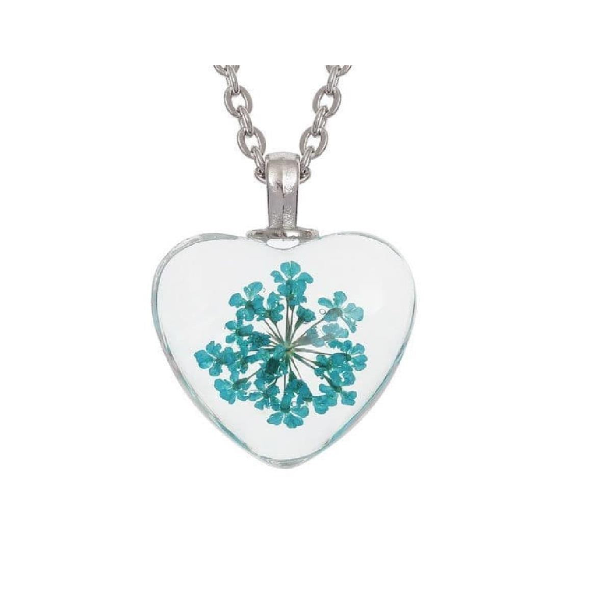 Charles William Love Heart REAL Flower Light Blue Pendant on Silver Necklace