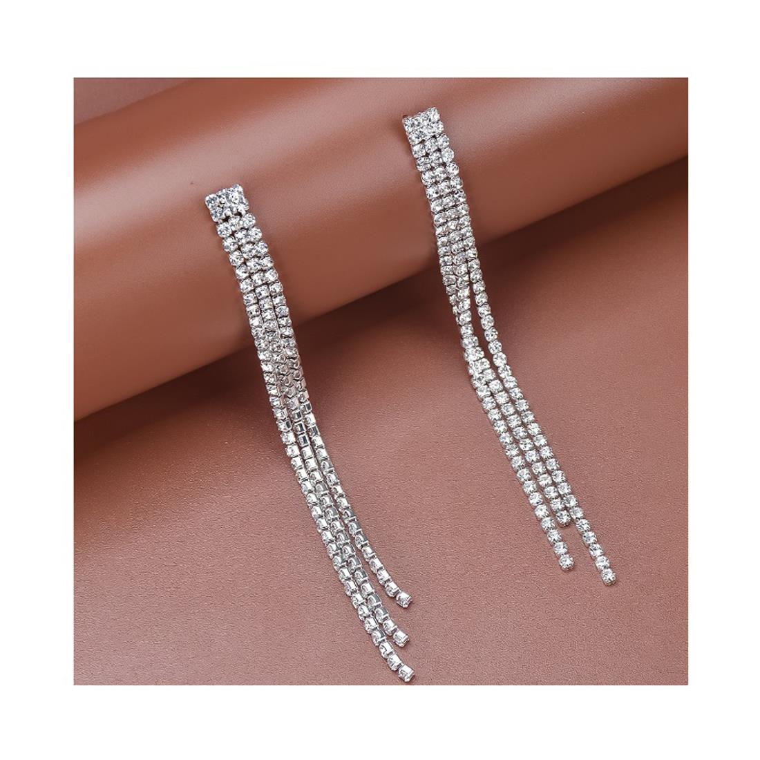 Charles William Premium Quality Long Earring Silver Cubic Zircon Stones Plated Jewellery Ear Ring