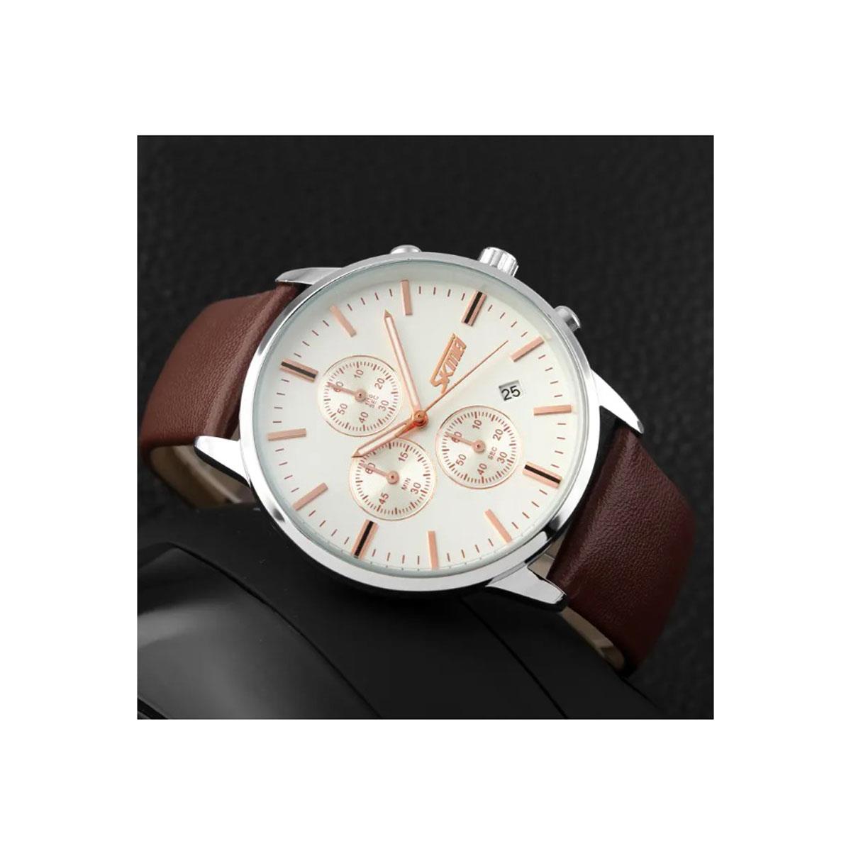 Mens Watch White Dial Silver Bezel Rose Gold Hands with Brown Leather Strap Date