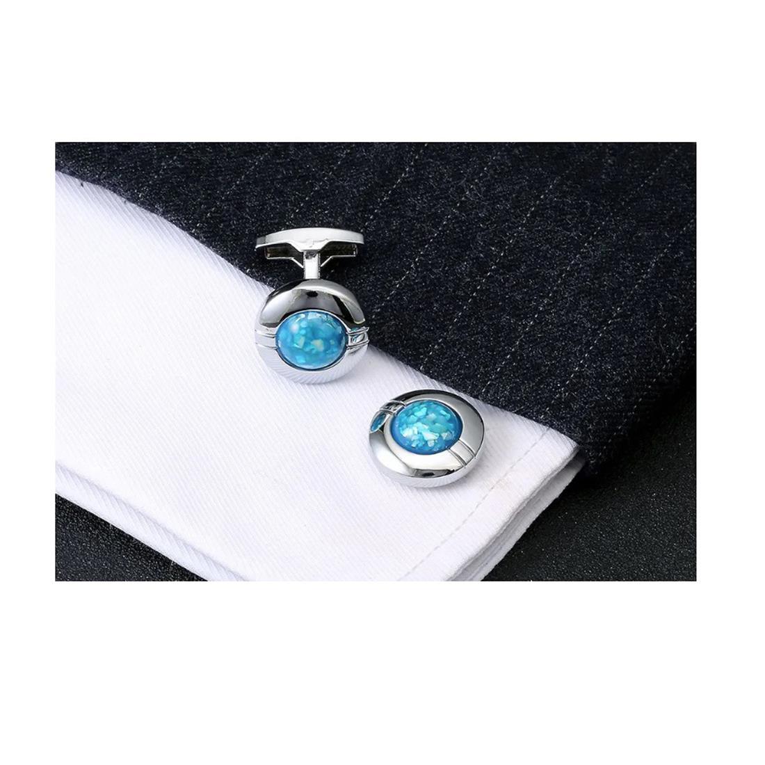 Round Silver Blue Cufflinks Ridged Bezel Elegant Shards Classy Design