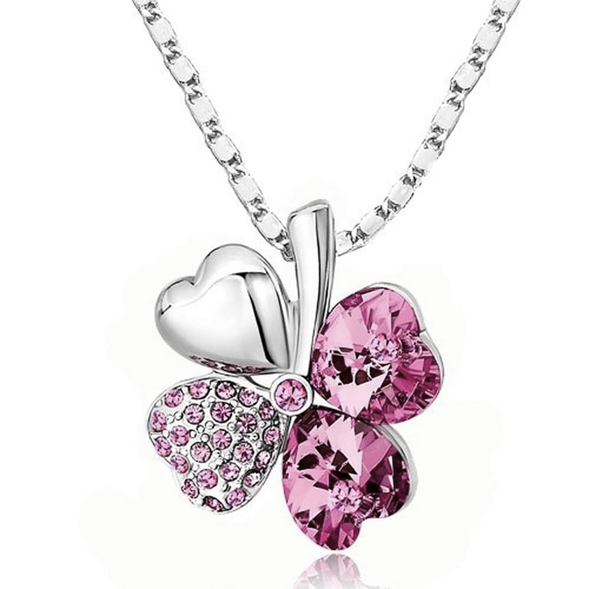 Womens Clover Flower Petal Necklace And Heart Earrings Jewellery Set