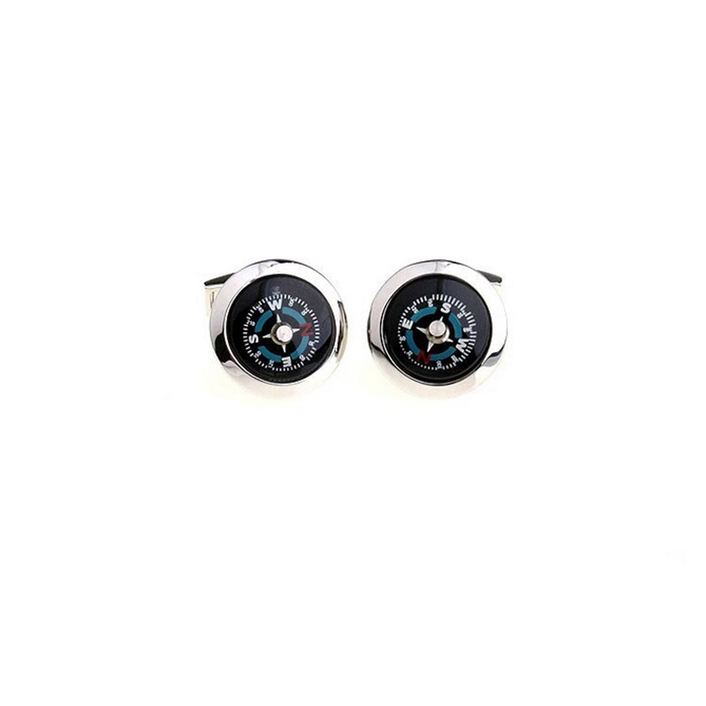 Charles William Working Compass Cufflinks in Silver and Black