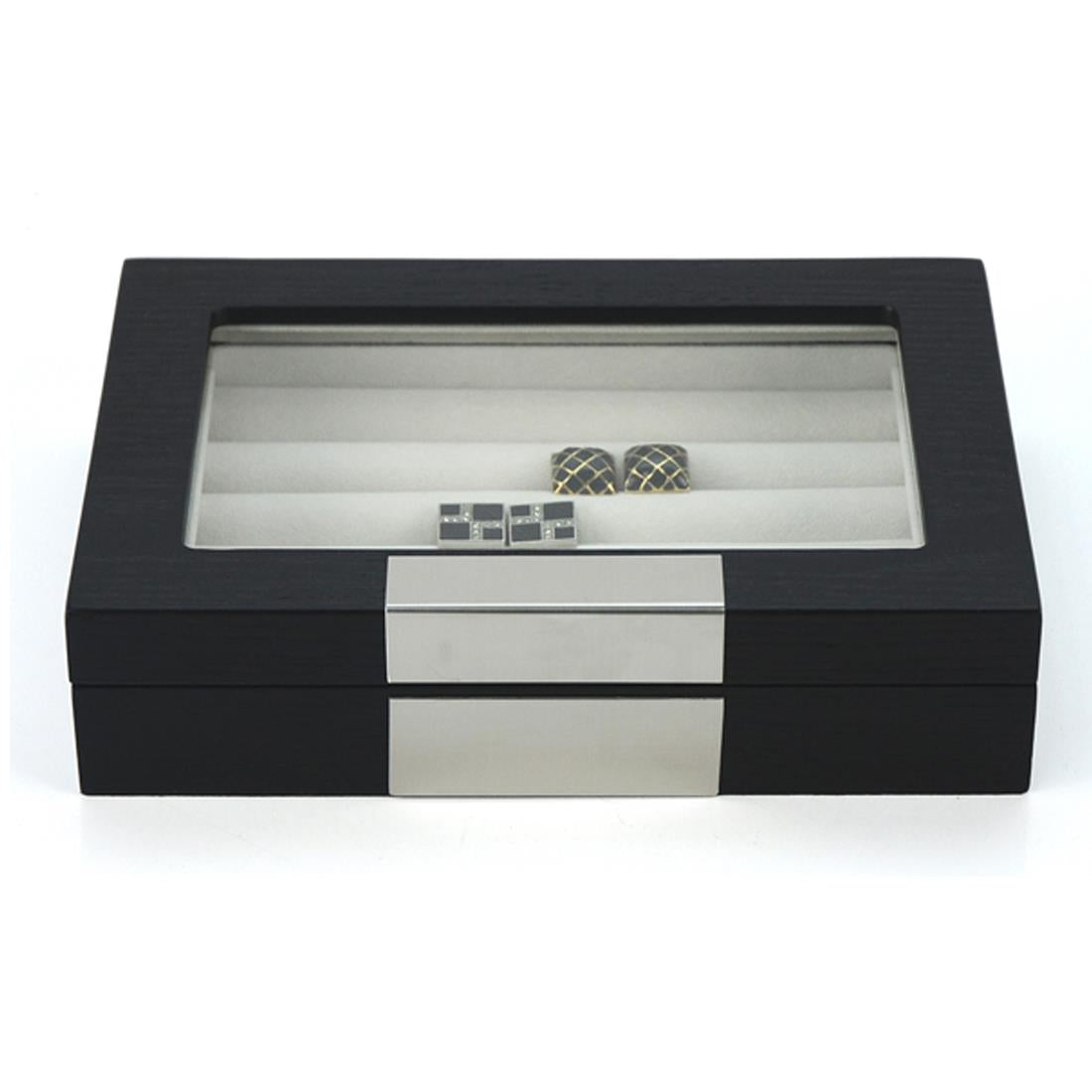 Charles William Premium Cufflink Box Safe Jewellery Storage 5 Row Glass Window Magnetic Close