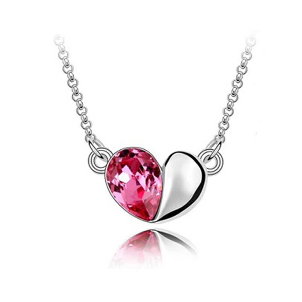 Charles William Pink Designer Love Heart Themed Crystal Silver Jewellery Necklace