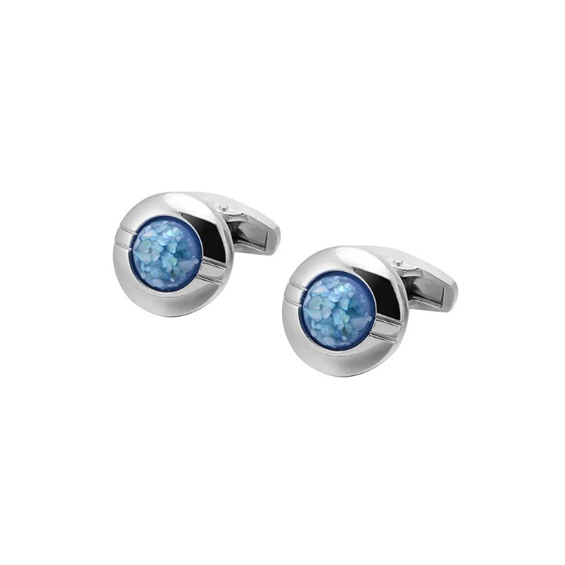 Round Silver Blue Cufflinks Ridged Bezel Elegant Shards Classy Design