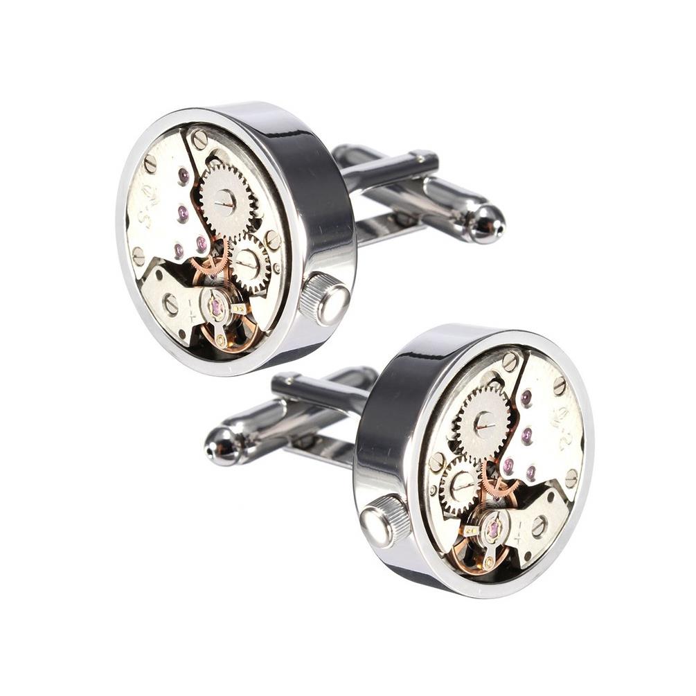 Silver Working Watch Movement Steampunk Cufflinks with Pocket Watch Gift Set