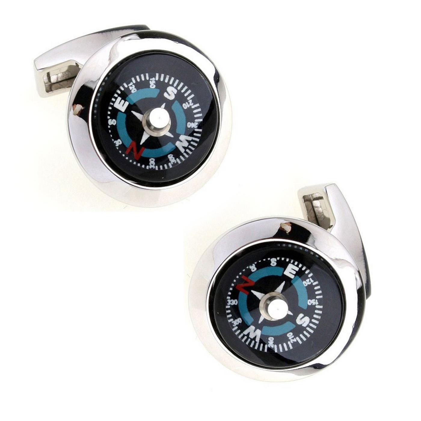 Charles William Working Compass Cufflinks in Silver and Black