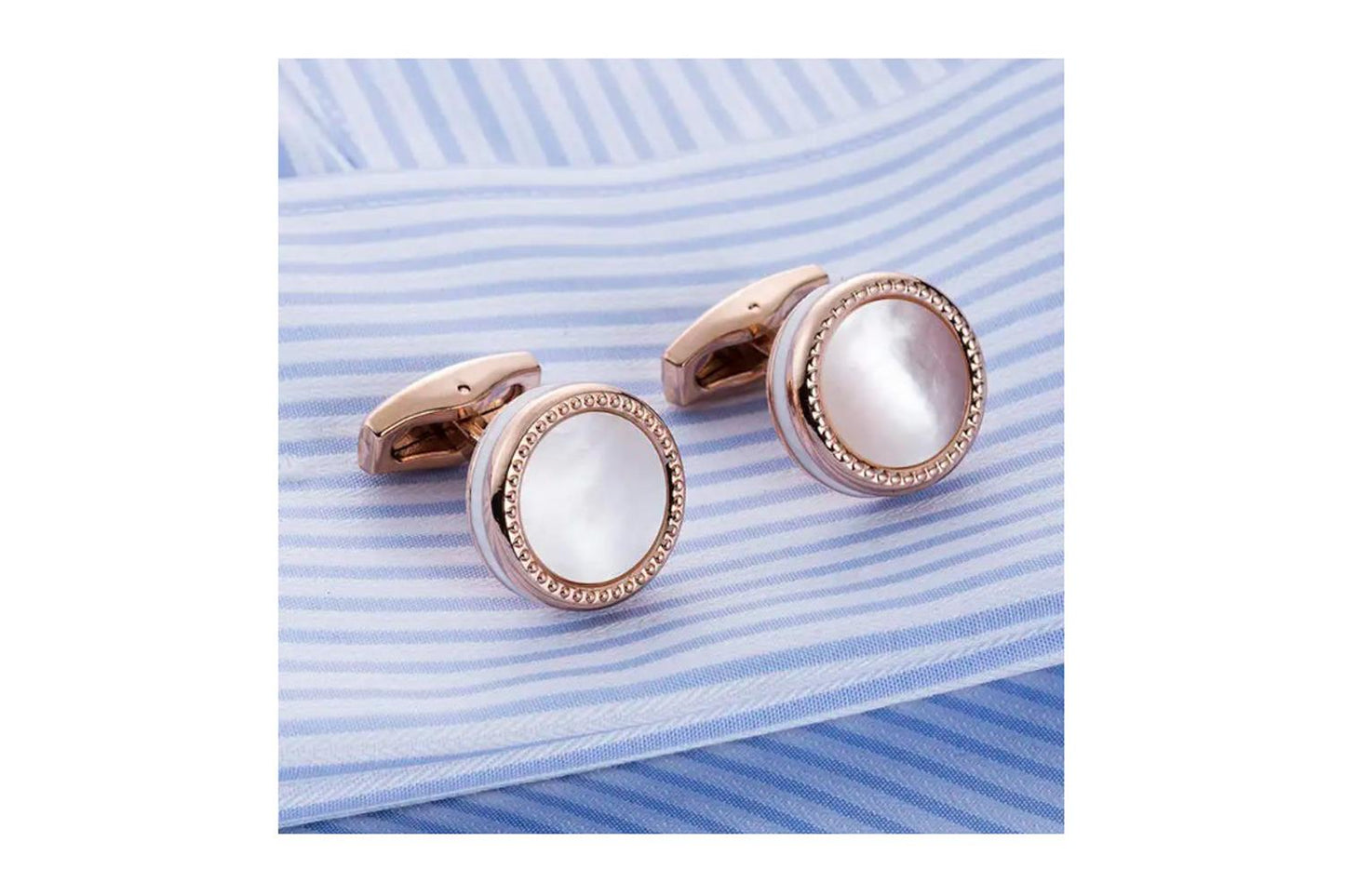 Rose Gold Cufflinks Mother Of Pearl Stone and White Band