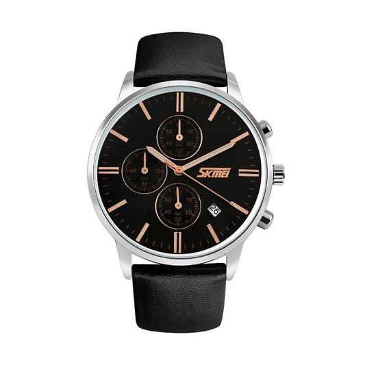 Mens Black Watch Silver and Rose Gold with Leather Strap and Date UK Stock