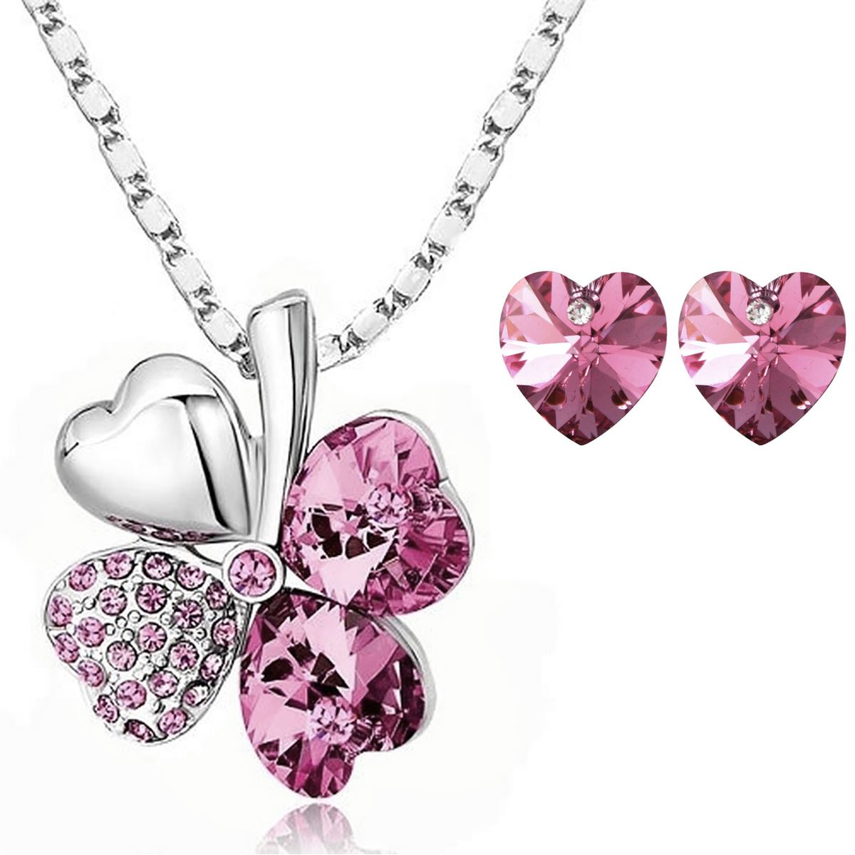 Womens Clover Flower Petal Necklace And Heart Earrings Jewellery Set