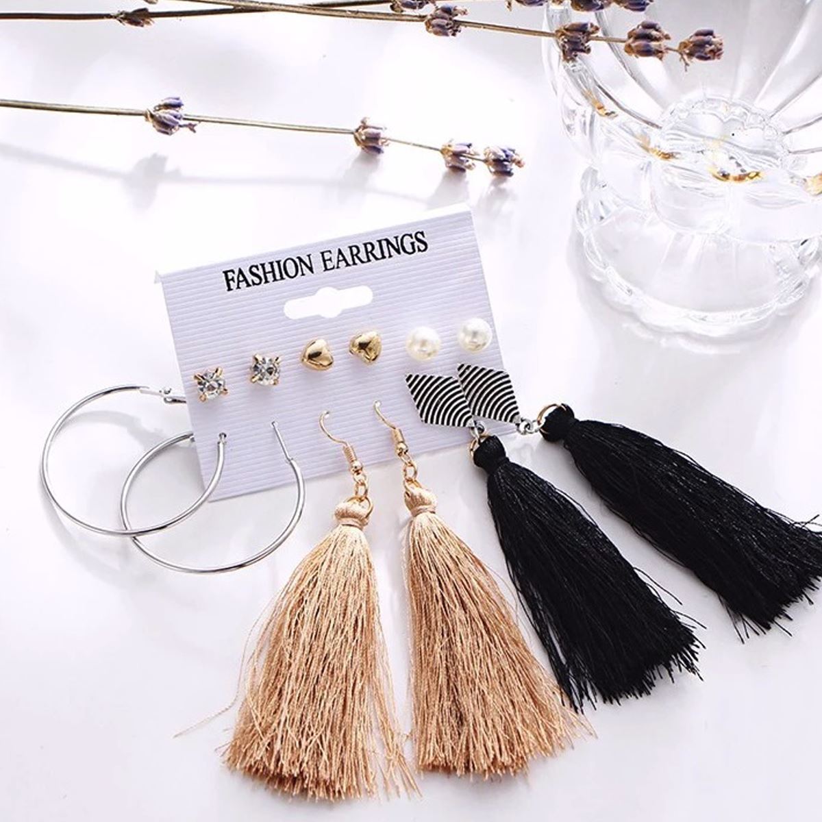 Charles William Beautiful Earring 6 Piece Set Gold Black Pearl Drop Ear ring Ladies Girls Woman Tassle