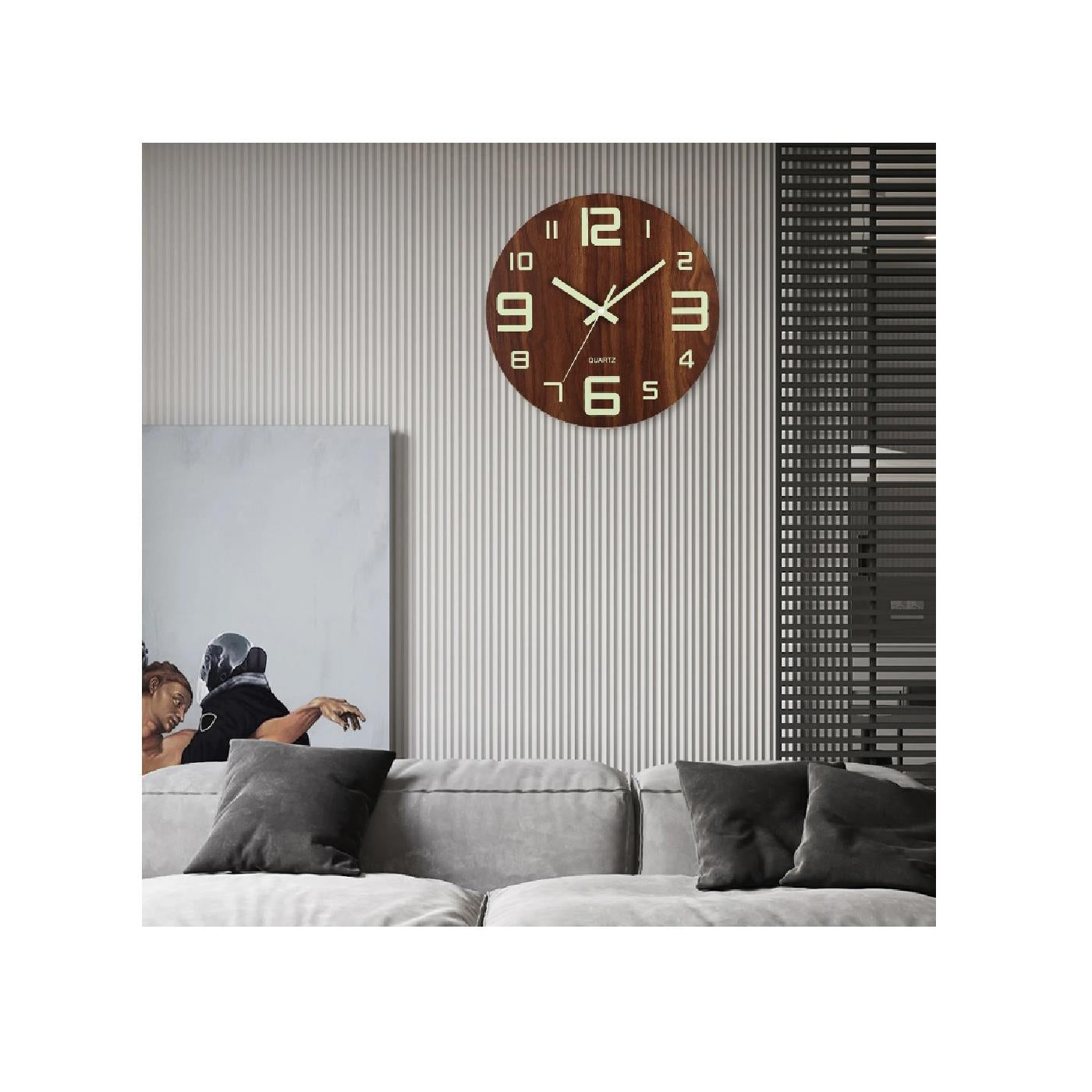 Brown Wooden Clock Silent Movement Luminous Markers