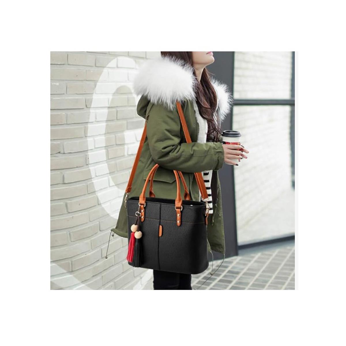 Ladies Black Handbag with Tan Strap Handle - Leather