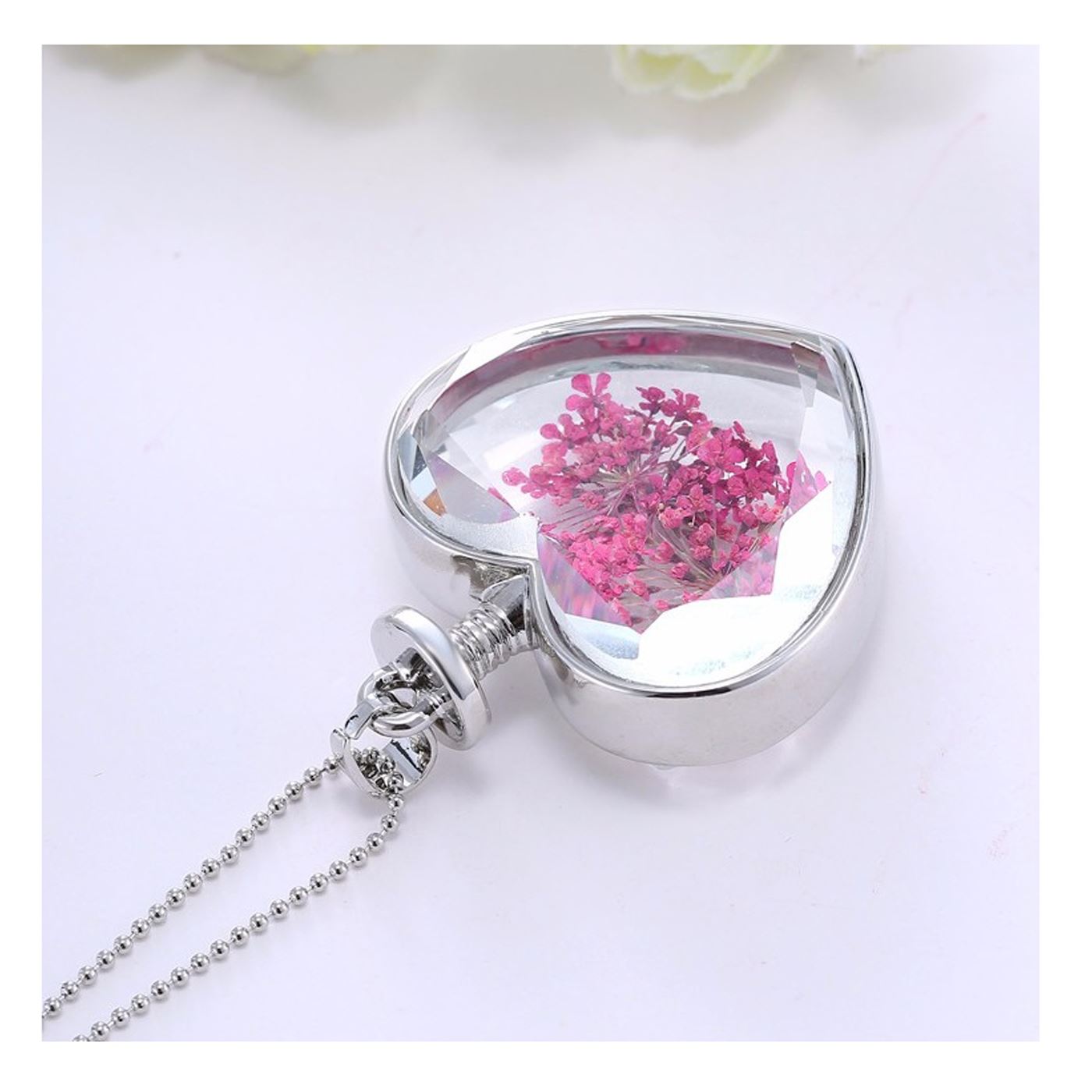 Charles William Love Heart REAL Flower Necklace Pendant Silver Chain Fine Gift Ladies Womans UK