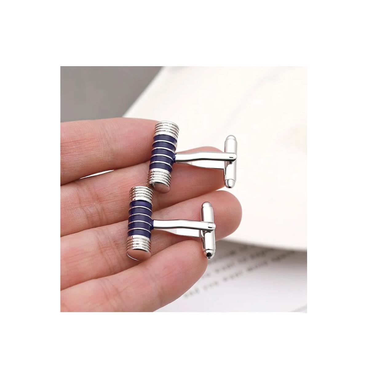 Silver Barrel Cufflinks 5 Blue Stripes Ribbed Design Elegant Formal Fashion UK