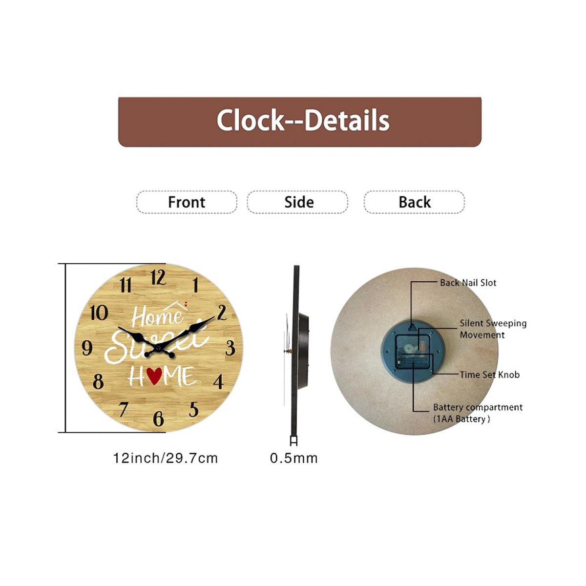 Home Sweet Home Clock Heart Love Wall Picture Silent Movement 30cm Face