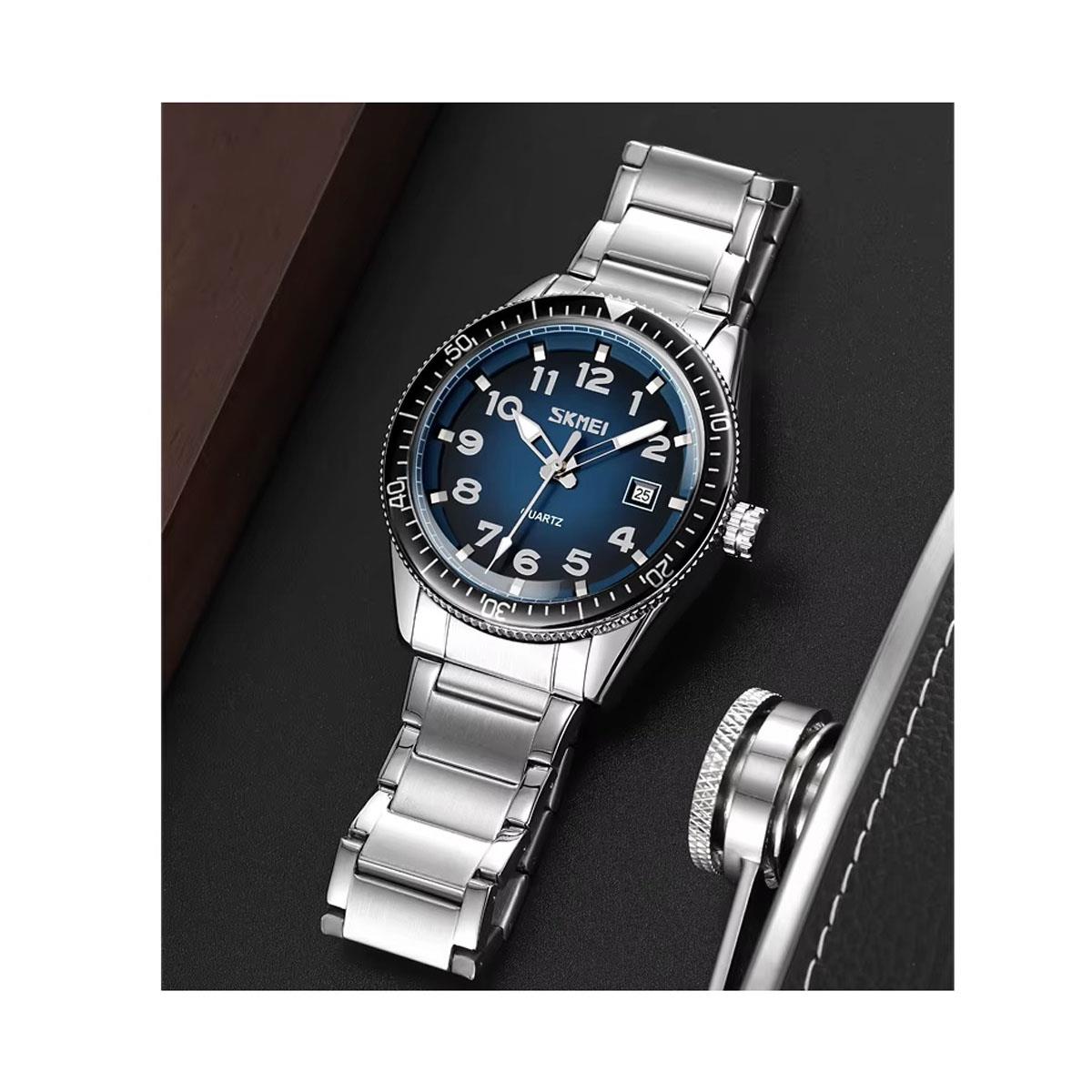 Blue Mens Watch Stainless Steel Strap with Date and Black Rotating Bezel