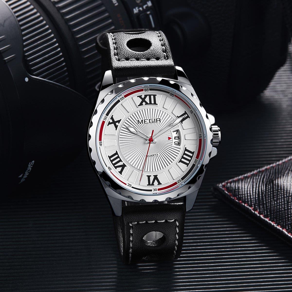 Megir Round Quartz Analogue Watch Black Silver Red Date