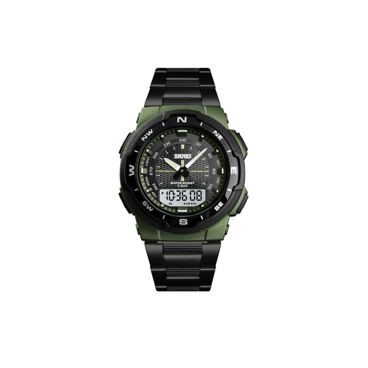 Large Display Dual Time Digital Analogue Army Green Watch