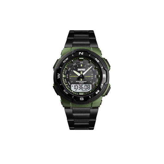 Large Display Dual Time Digital Analogue Army Green Watch