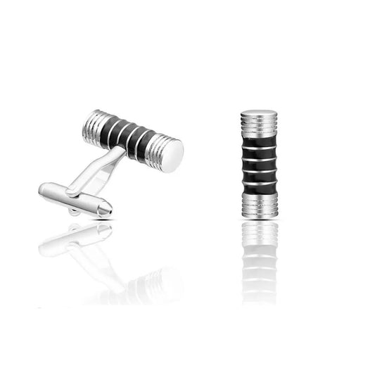 Silver Barrel Cufflinks 5 Stripes Ribbed Black Design