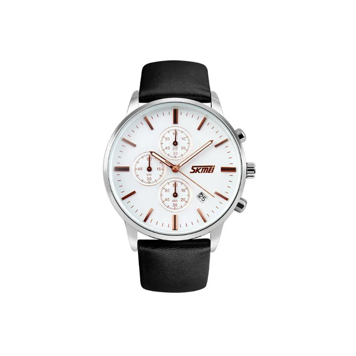 Mens Black Watch Silver and Rose Gold with Leather Strap and Date