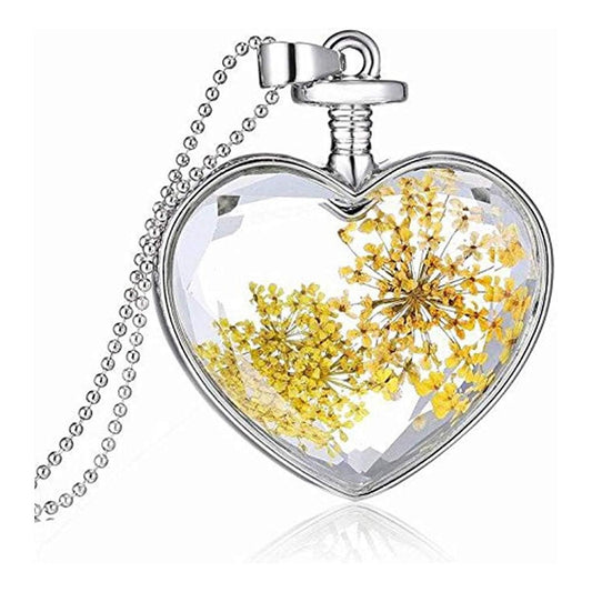 Charles William Love Heart REAL Flower Yellow Pendant on Silver Necklace