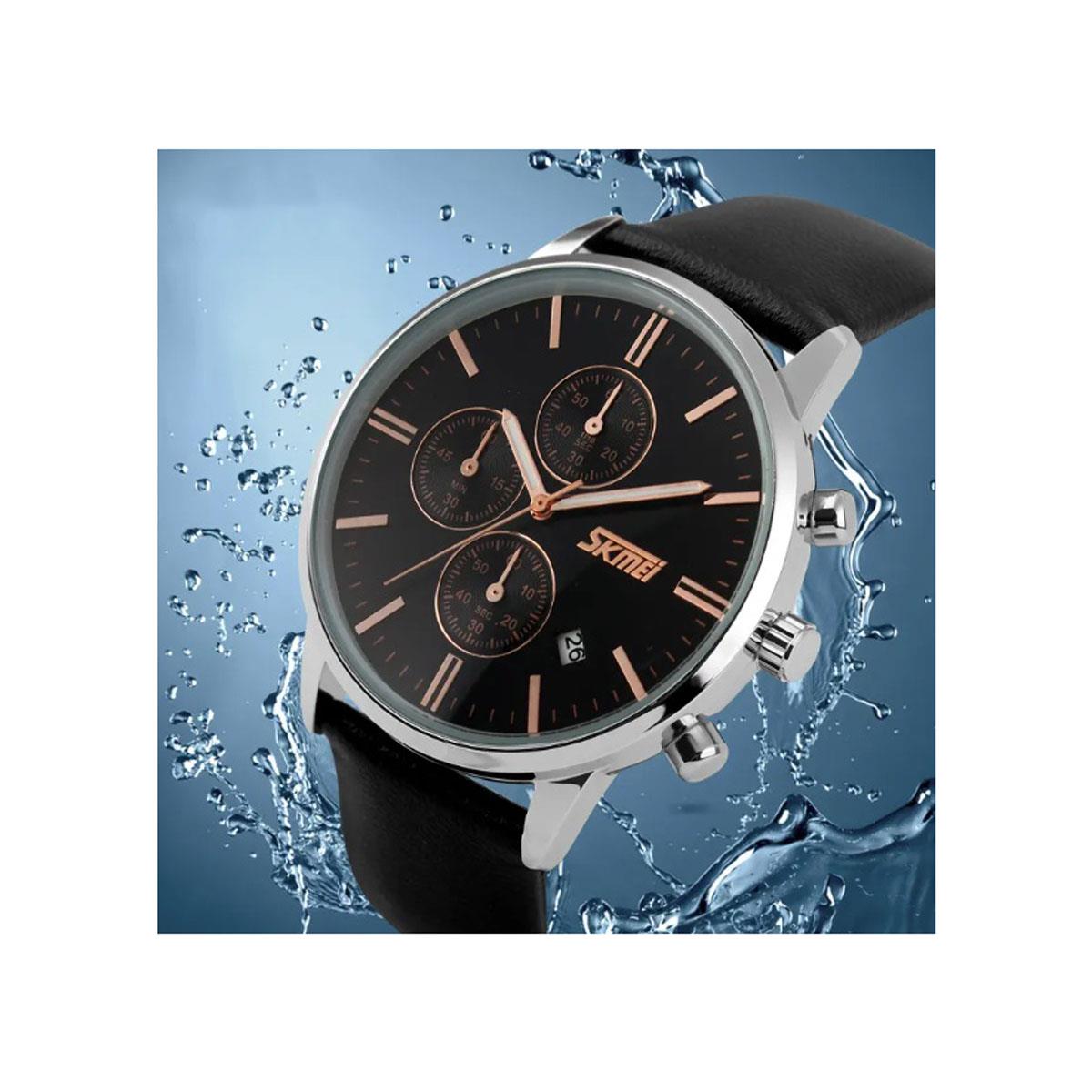 Mens Black Watch Silver and Rose Gold with Leather Strap and Date UK Stock