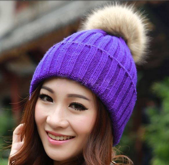 Charles William Fur Pompom Hat Knitted Winter Warm Woollly Pom Pom Beanie Classic Purple