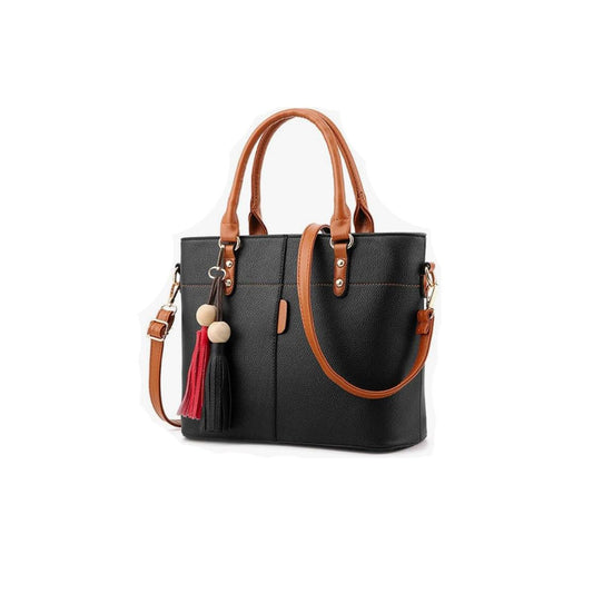 Ladies Black Handbag with Tan Strap Handle - Leather