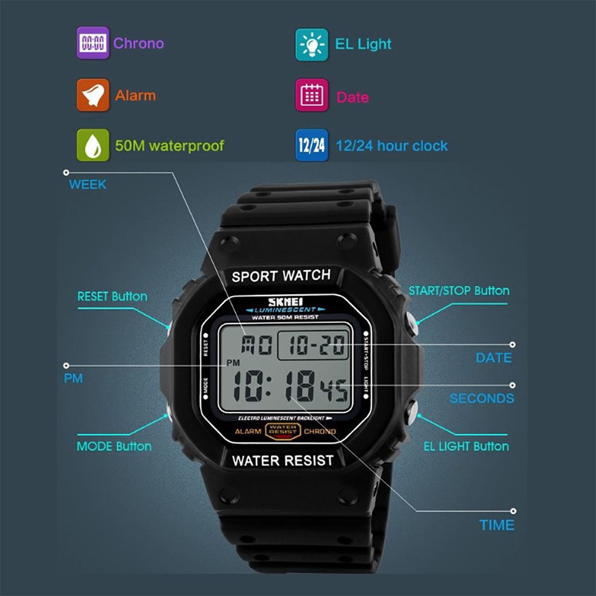 Large Display Digital Watch Resin Strap Stopwatch Alarm DG1134