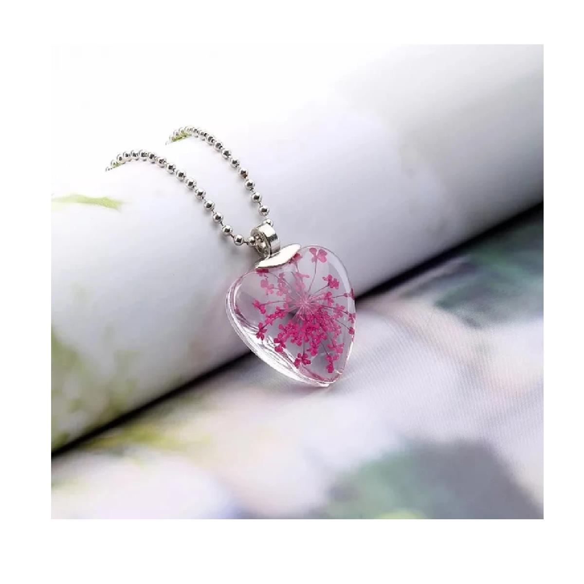 Charles William Love Heart REAL Flower Hot Pink Pendant on Silver Necklace