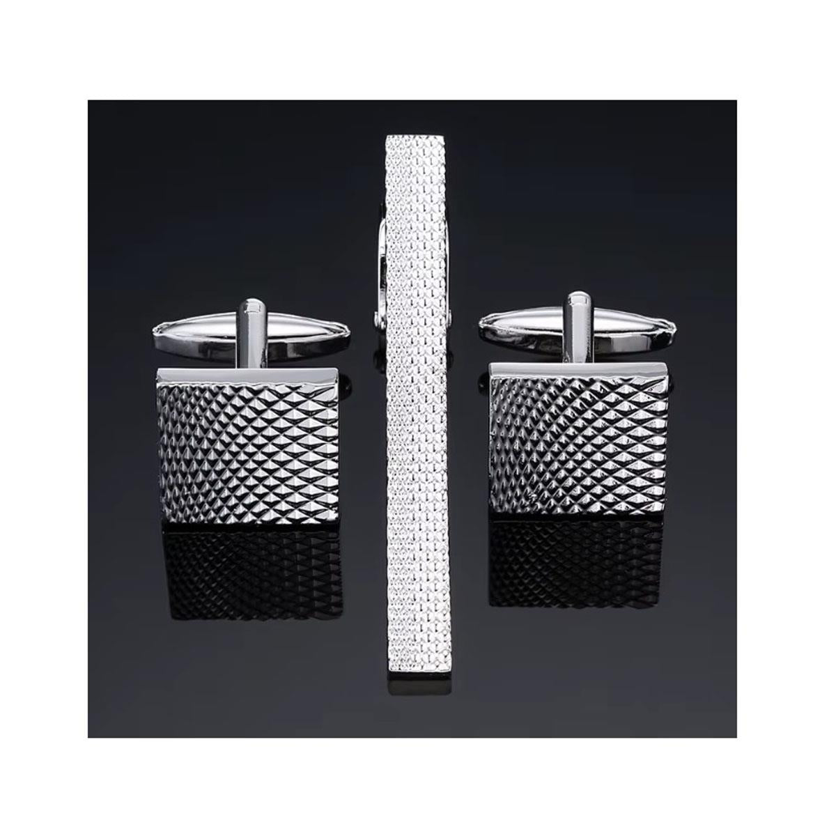 Silver Tie Clip Cufflink Set in Luxury Design with Pouch and Box