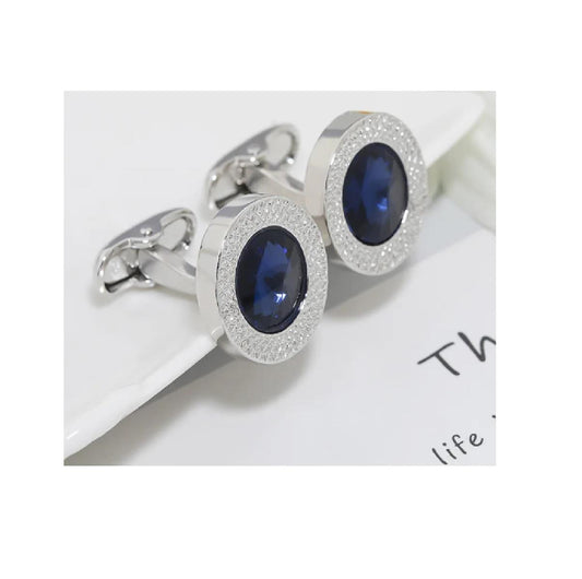 Round Silver Cufflinks With Blue Stone