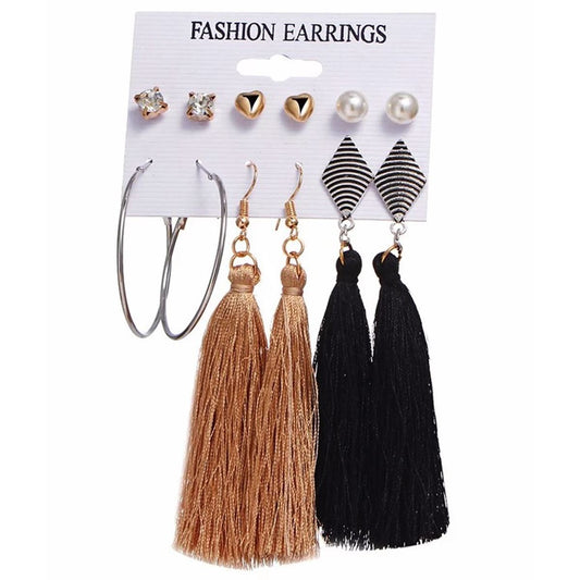 Charles William Beautiful Earring 6 Piece Set Gold Black Pearl Drop Ear ring Ladies Girls Woman Tassle