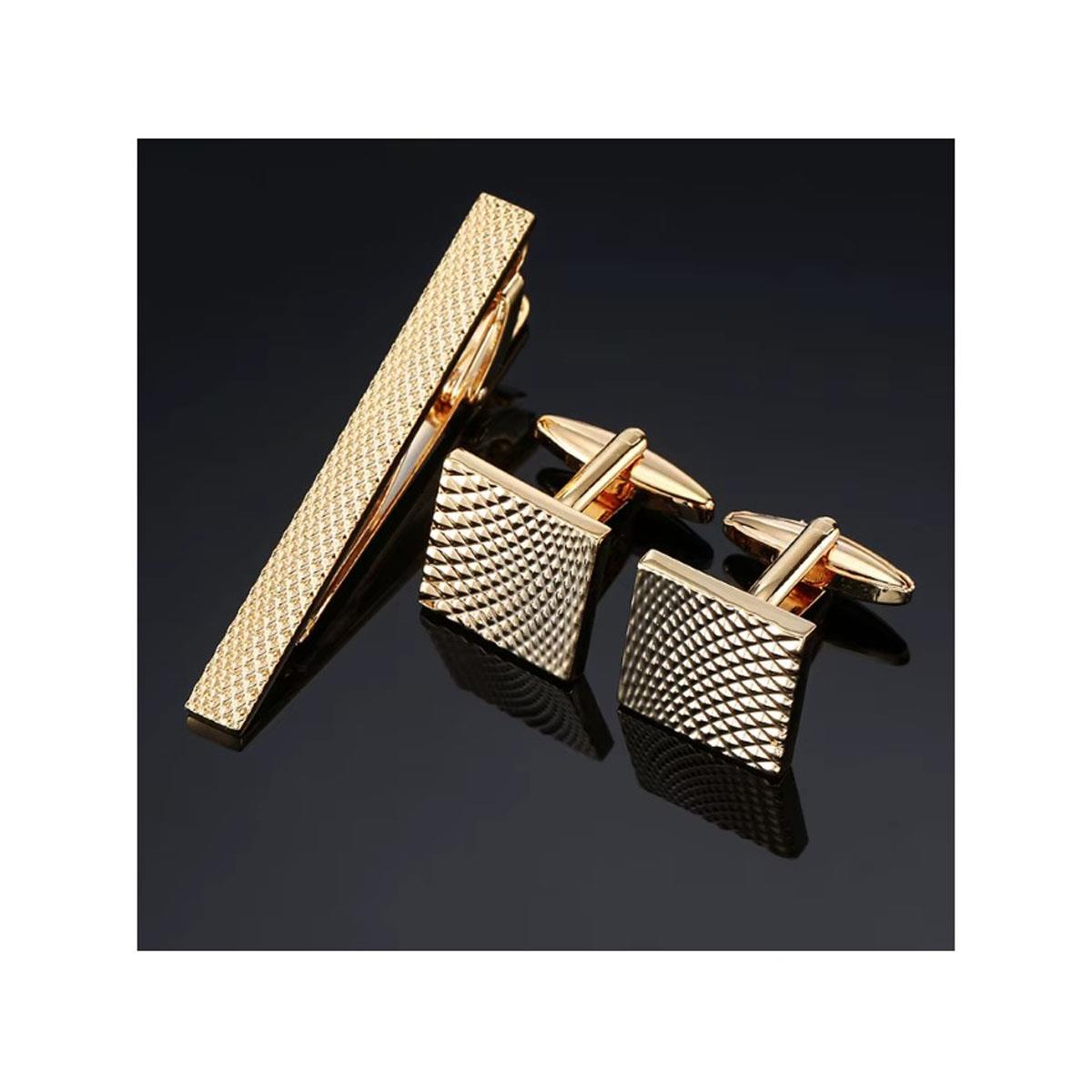 Gold Tie Clip Cufflink Set in Luxury Design with Pouch and Box