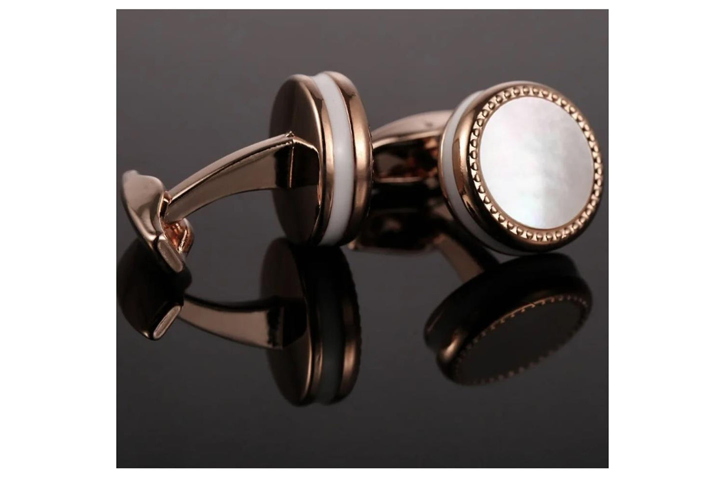 Rose Gold Cufflinks Mother Of Pearl Stone and White Band