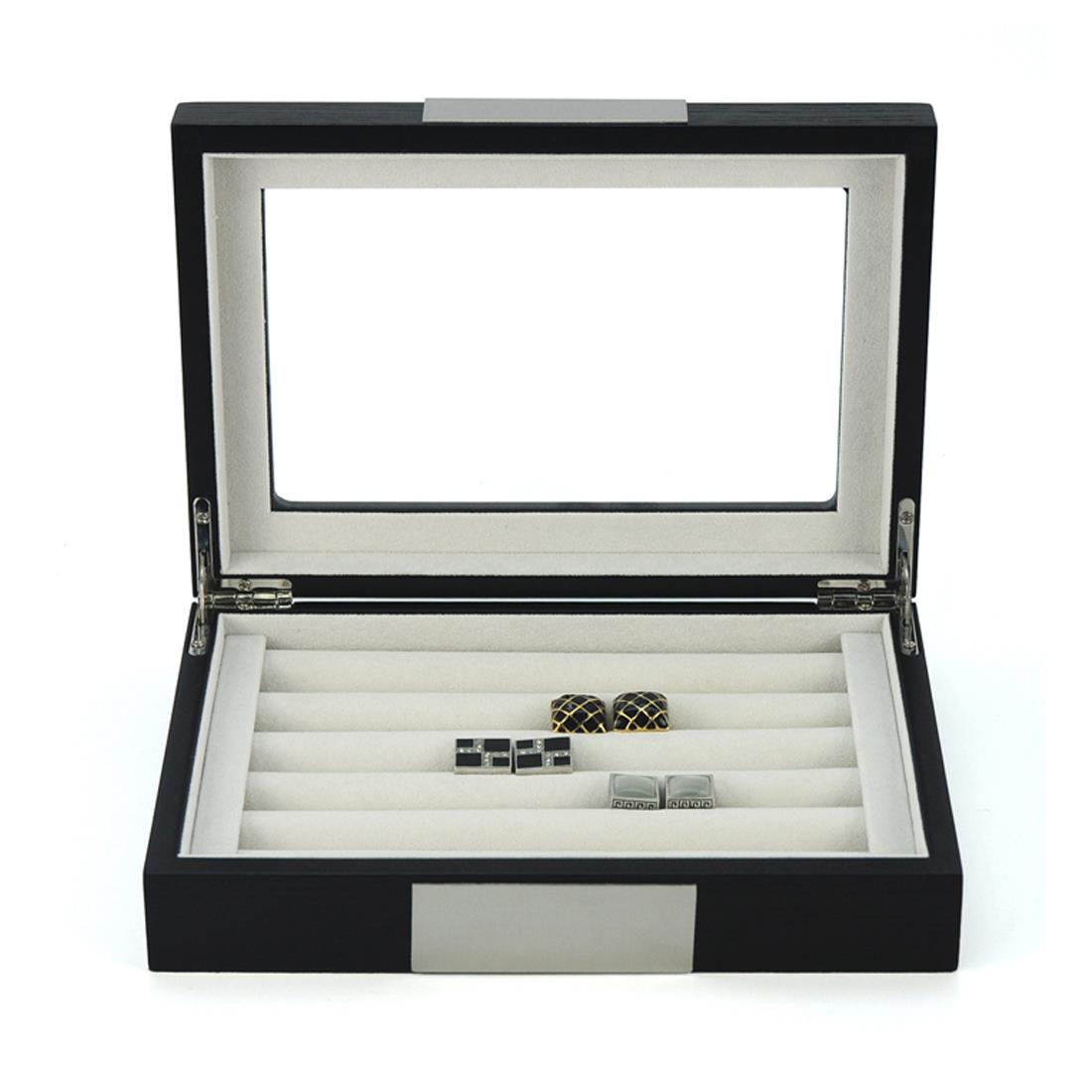 Charles William Premium Cufflink Box Safe Jewellery Storage 5 Row Glass Window Magnetic Close