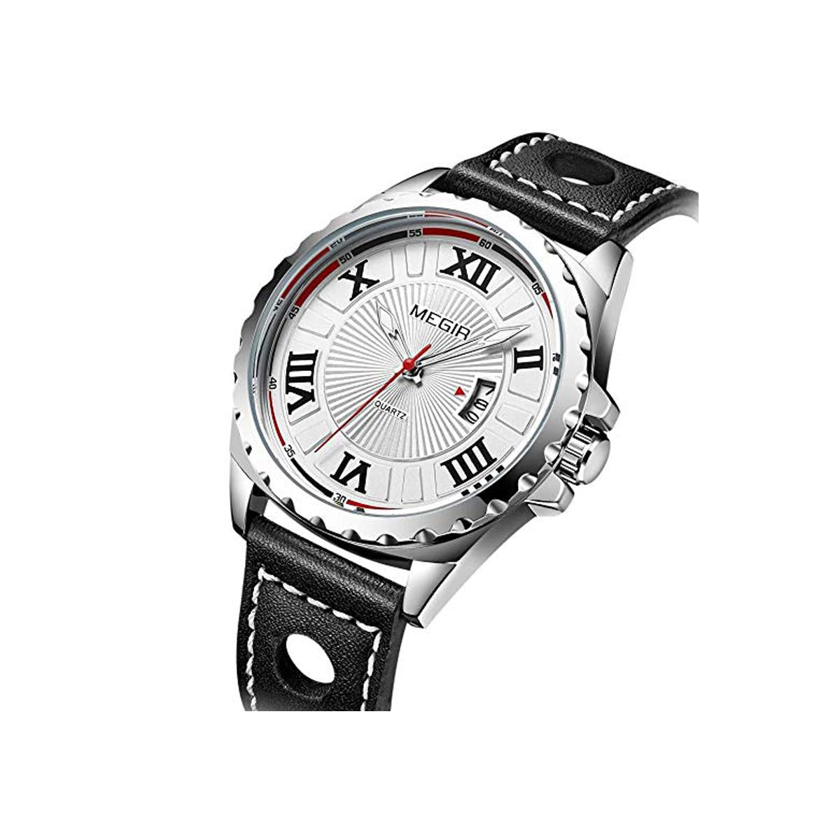 Megir Round Quartz Analogue Watch Black Silver Red Date