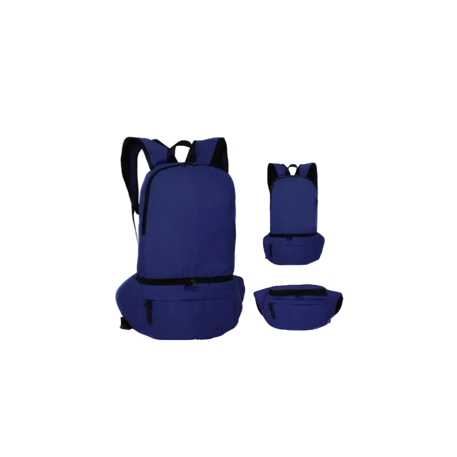 Set of blue backpacks and a fanny pack on a white background